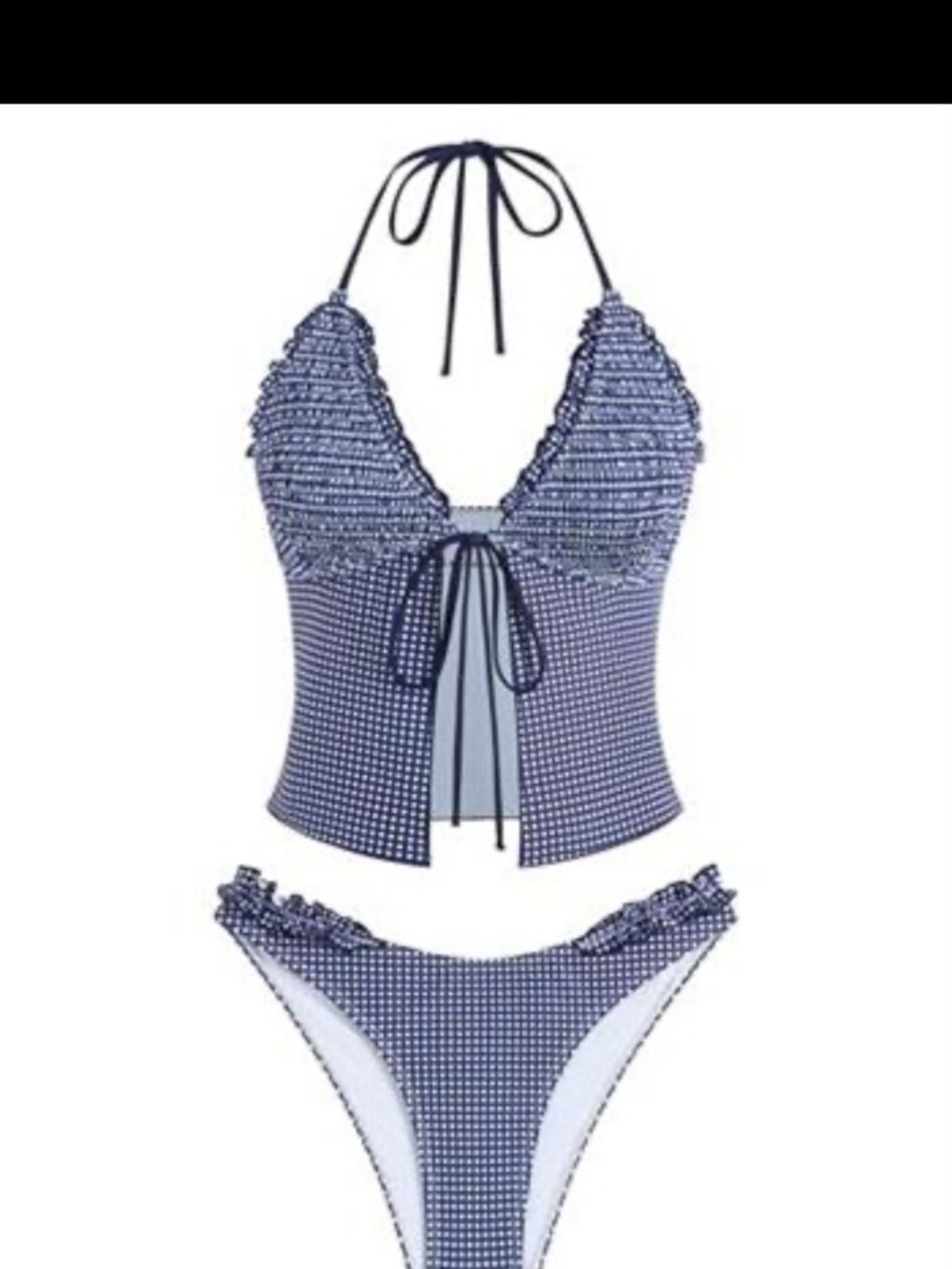 Zaful Navy Gingham Ruffle Halter Tankini Bikini Set
